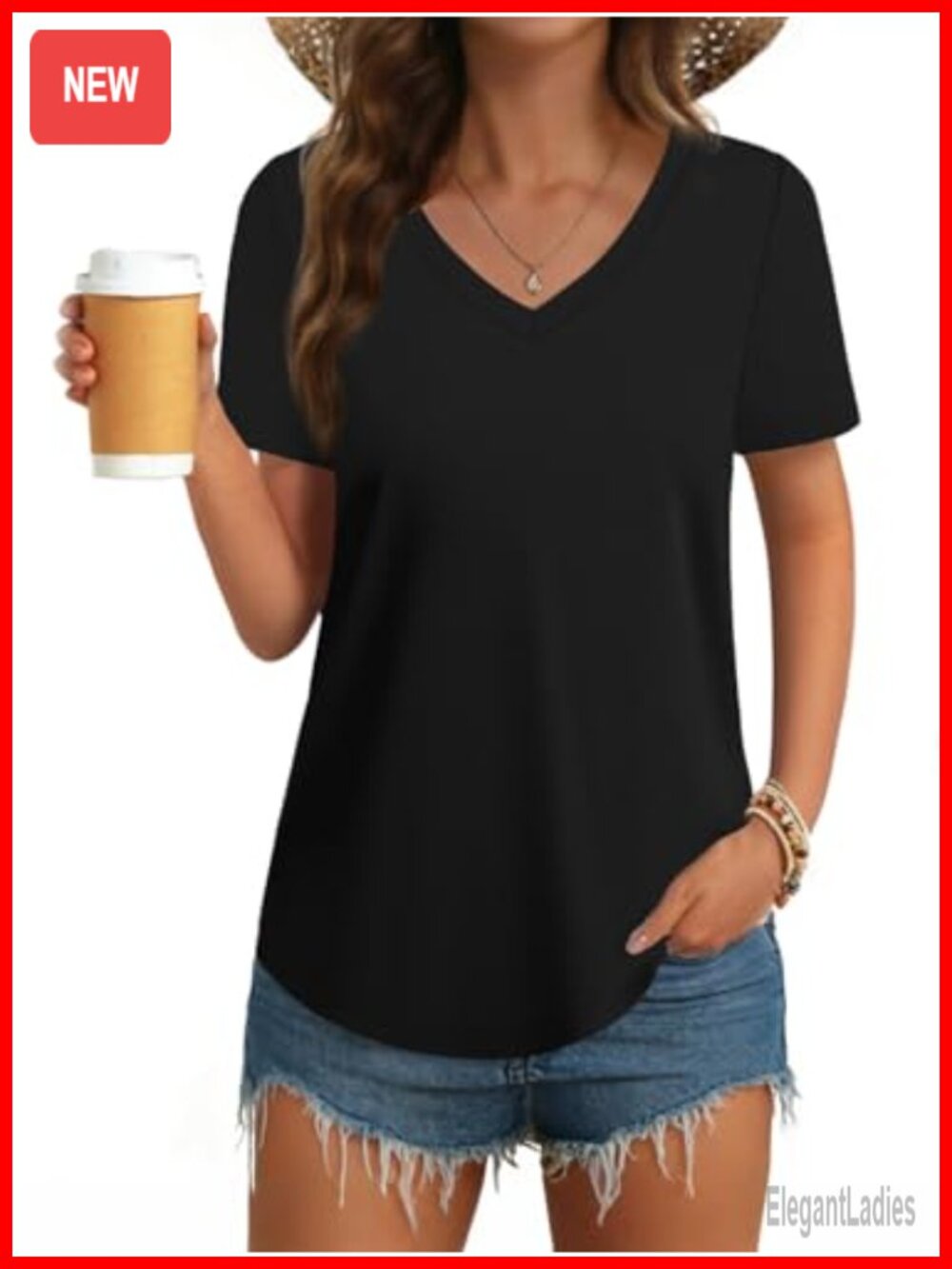 Womens V Neck Short Sleeve Cotton Tee Curved Hem Fitted Basic Top